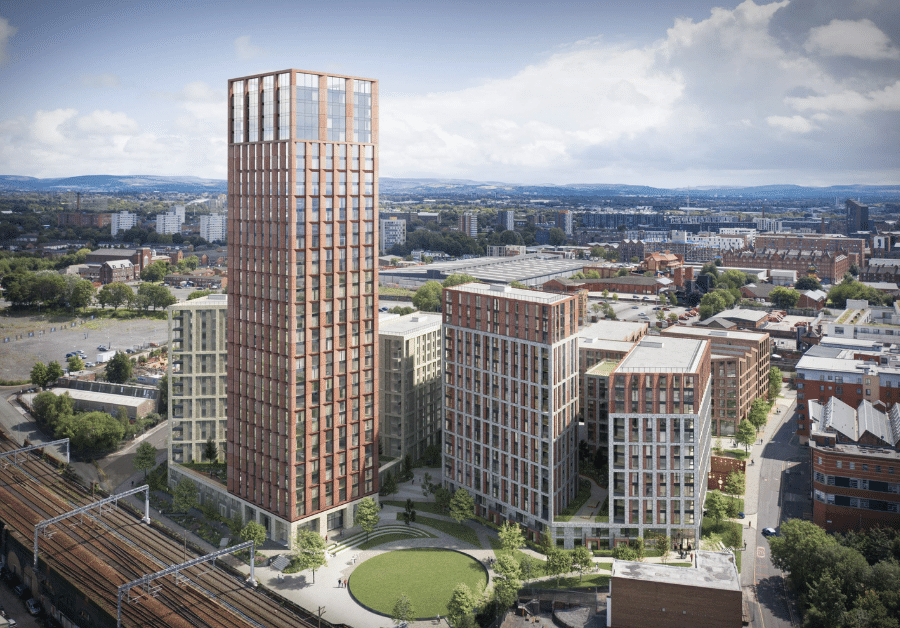 Manchester City Centre skyline focused on Gould Street residential and retail property suited in Ancoats