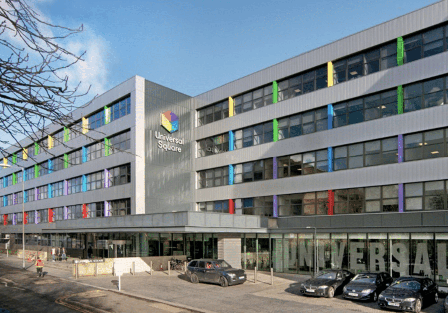 Universal Square colourful office building in Manchester City Centre. Premium office space with parking space