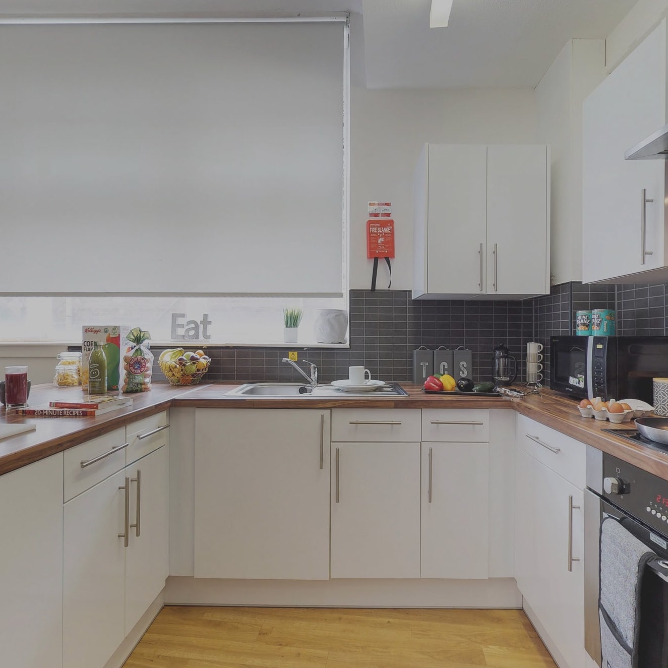 Kitchen and living area at Haigh Court student accommodation