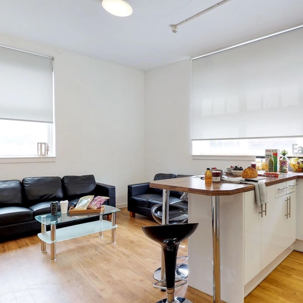 Kitchen and living area at Haigh Court student accommodation